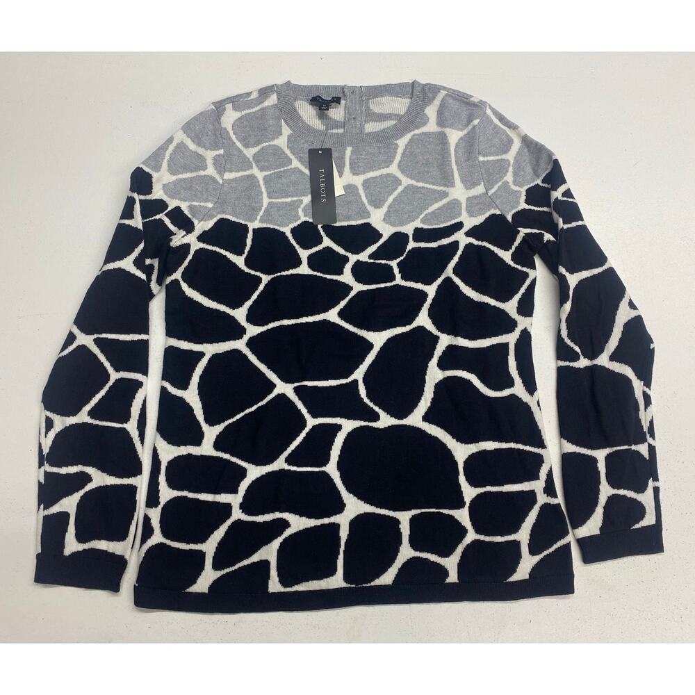 NEW Talbots crewneck animal print graphic cotton pullover sweater, M